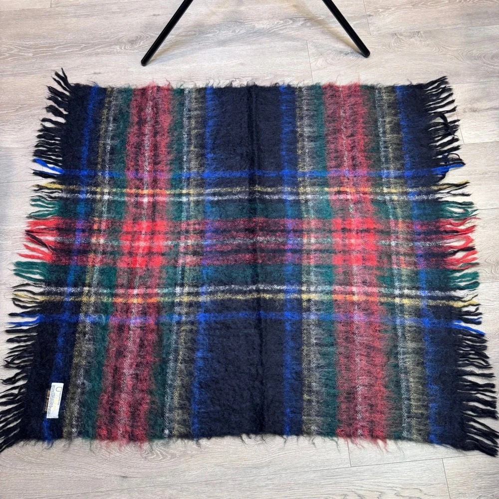 St. Albans Black Stewart Mohair Throw Blanket Plaid Fringed Made in Australia